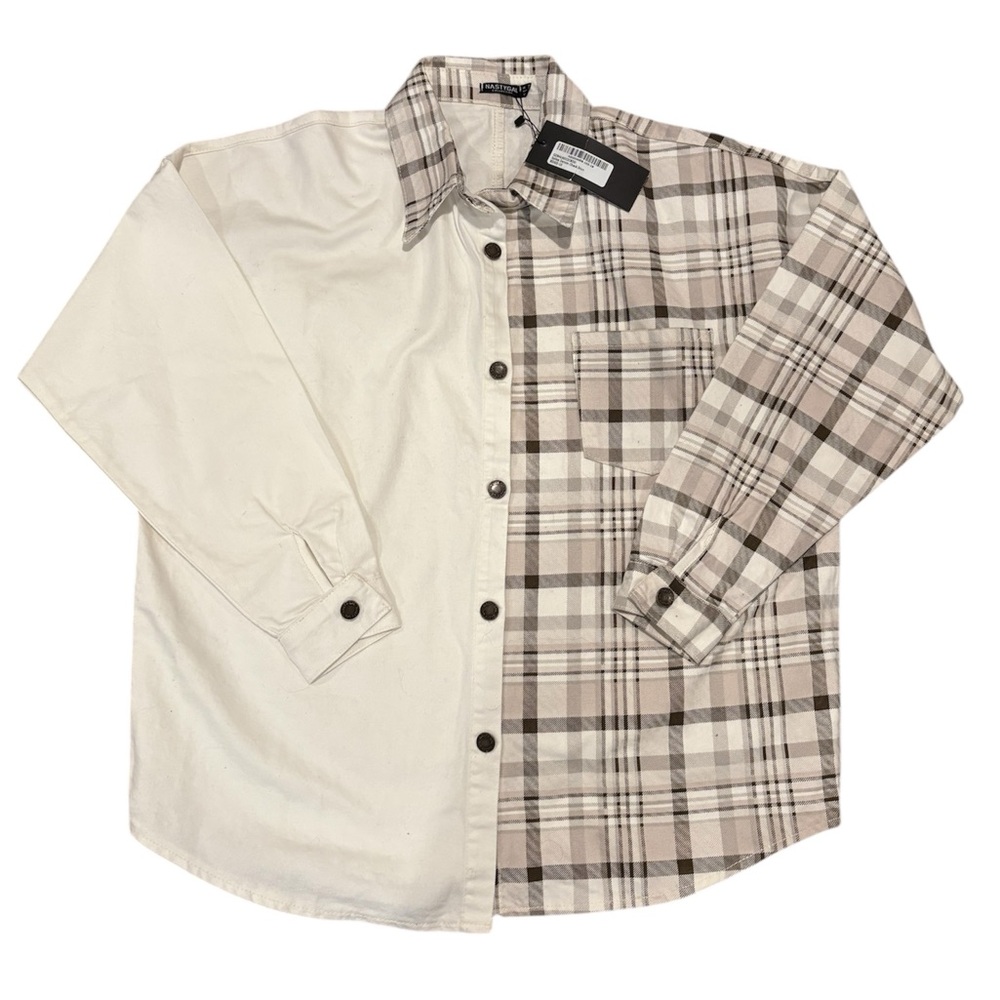 NWT Nasty Gal Two-Tone Plaid and Solid Denim Jacket